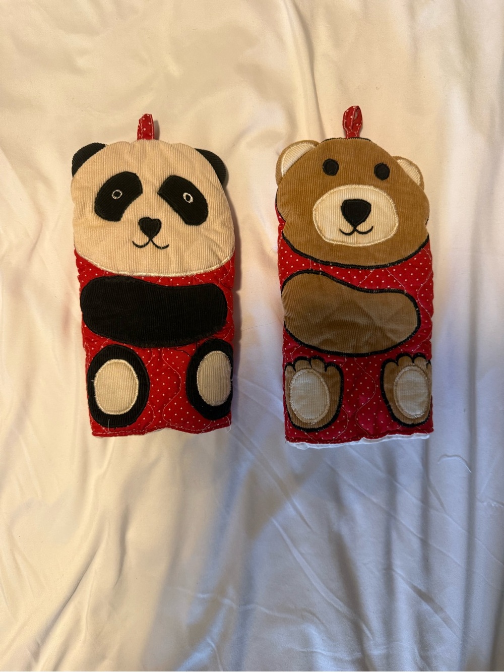 Vintage 1987 Avon Quilted Panda & Teddy Bear Oven Mitts Set Corduroy Novelty